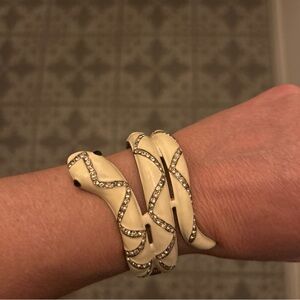 Vintage Rhinestone Snake Hinged Bracelet White With Gold Plated Detail